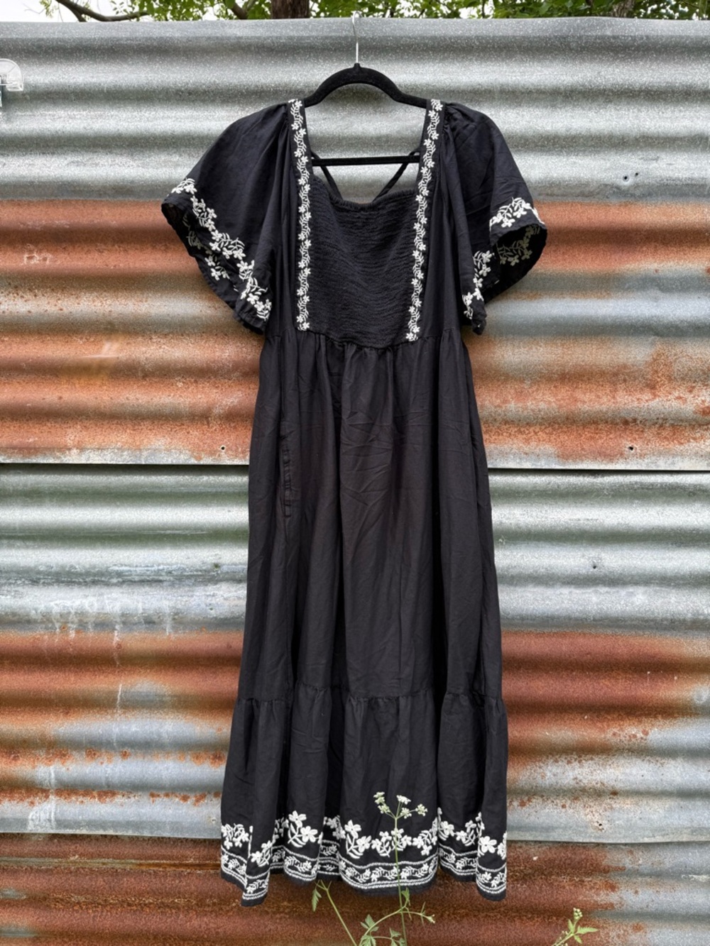 Old Navy Black Maxi Dress with White Floral Embroidery